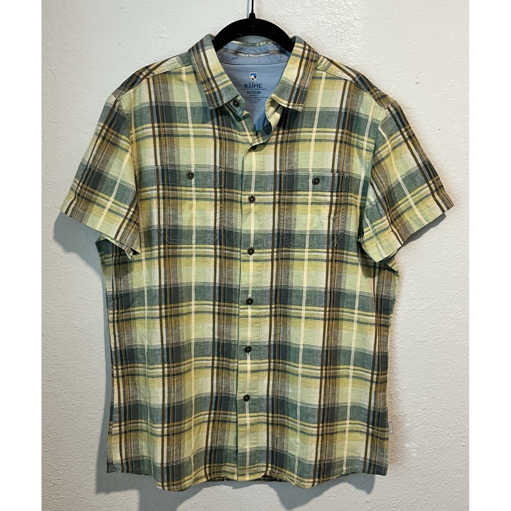 Kuhl Skorpio Men's Button Up Shirt Medium Linen Cotton Plaid Short Sleeve Green